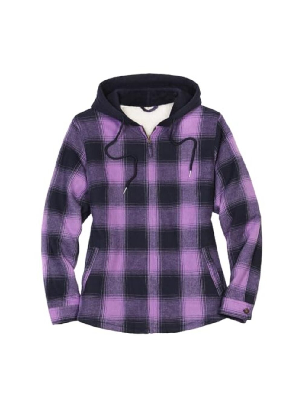 Womens Sherpa Lined Plaid Flannel Hooded Jacket Zip Up Shacket